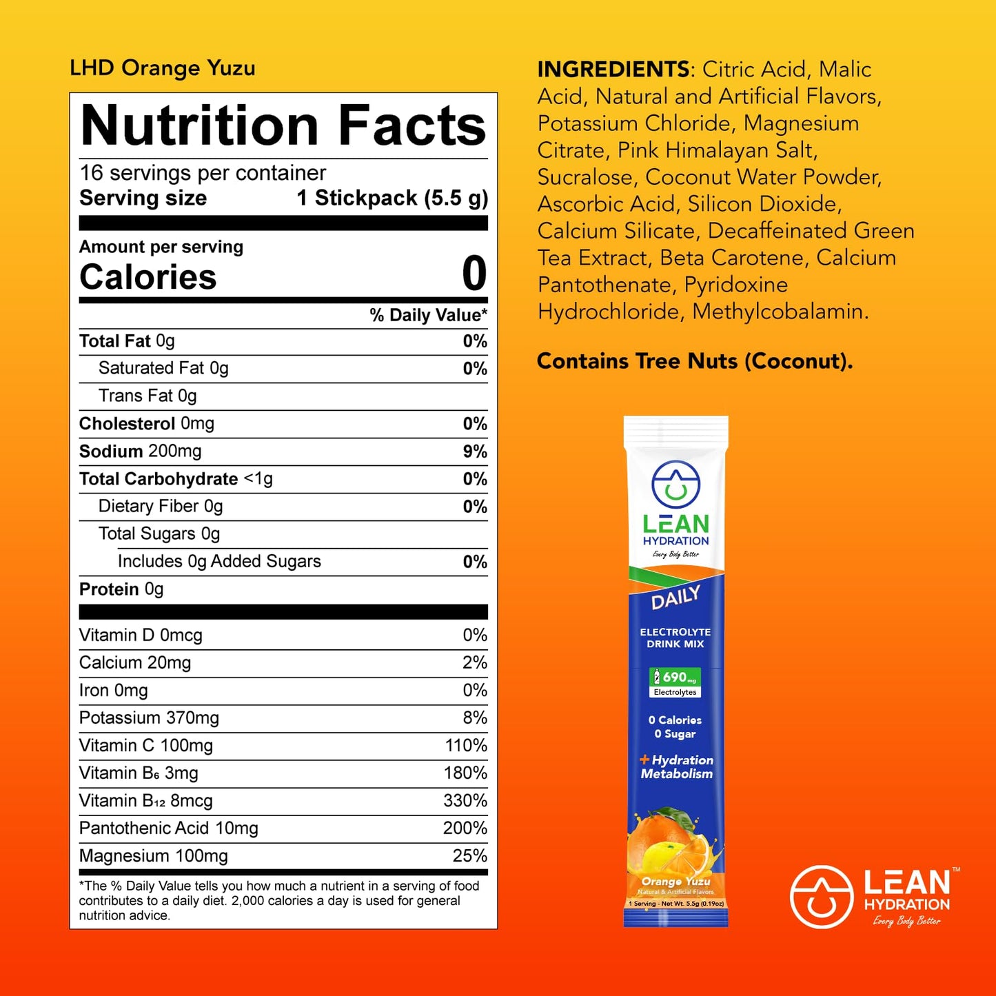 LEAN Hydration Daily Electrolyte Packets Drink Mix | Zero Calories, Zero Sugar Plus Vitamins, Minerals & More | 16 ct (Orange Yuzu)