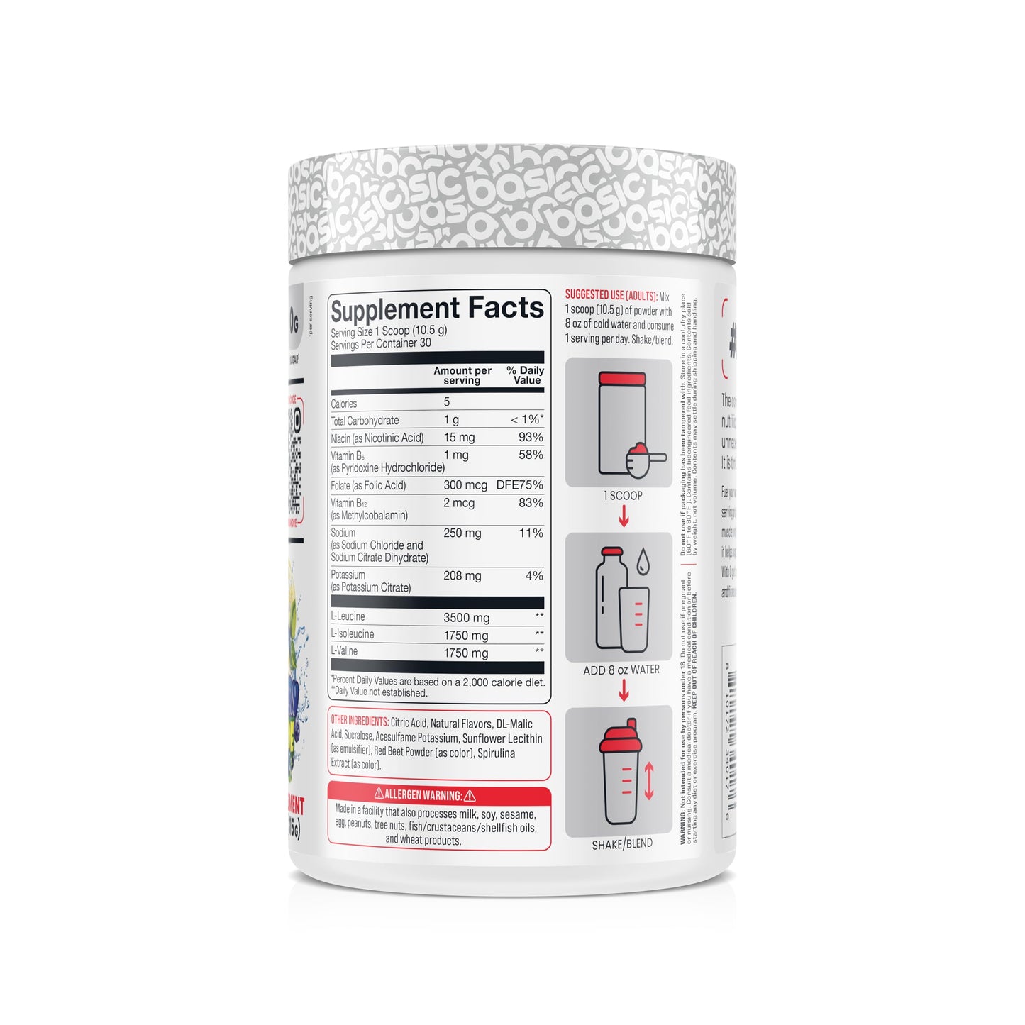 BASIC SUPPLEMENTS BCAA Powder, Instantized Formula with 7g BCAAs, 2:1:1 Ratio, 450mg of Electrolytes, Sugar-Free, Vegan, Gluten-Free, Supports Muscle Recovery (30 Servings, Blueberry Lemonade)