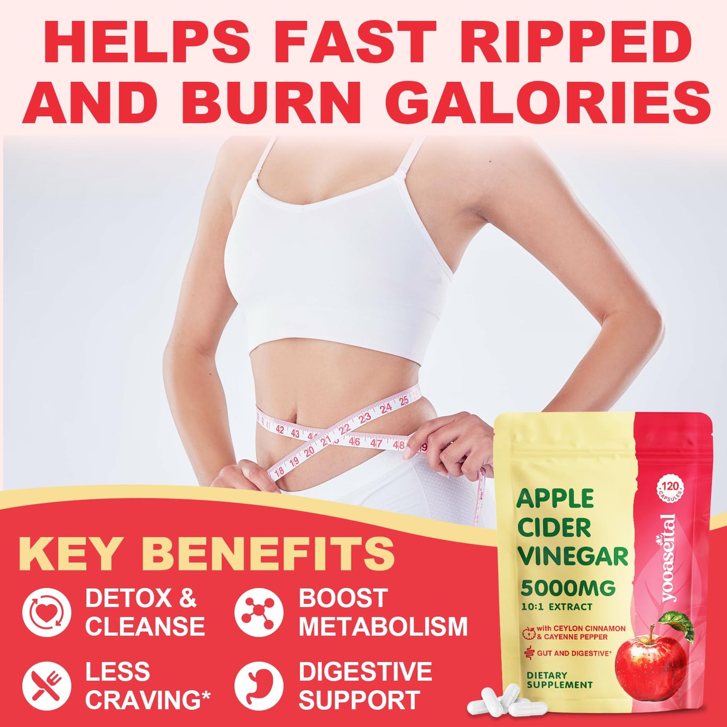 Apple Cider Vinegar Capsules with Mother, Max Strength ACV Pills Supplements with Organic Cayenne Pepper & Ceylon Cinnamon, Inulin, Probiotic for Diet, Digestion, Detox, Immune, Non-GMO, 120 Capsules