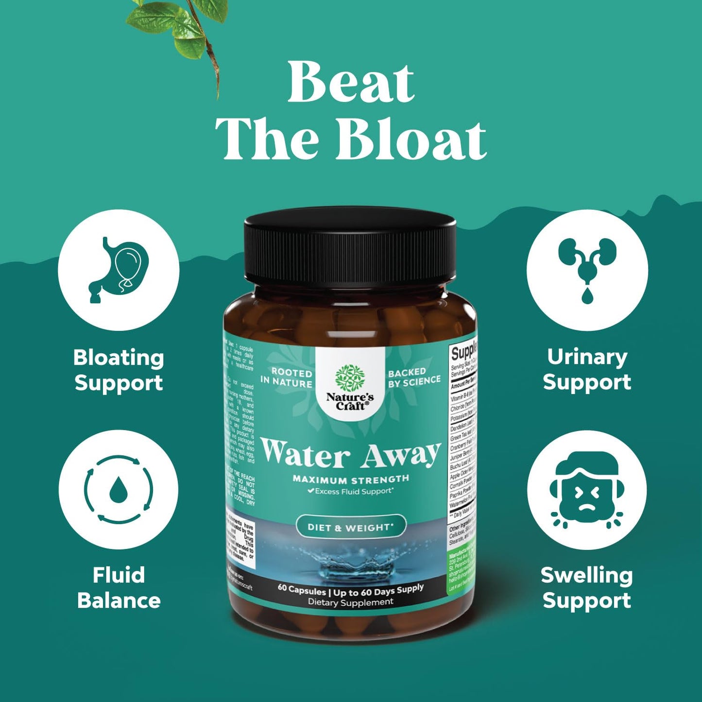 Water Away Herbal Diuretic Pills High Strength - Fluid Retention Supplement with Dandelion Leaf Extract & Green Tea for Bloating Relief for Women & Men - Capsules for Leg & Feet Swelling - 60 Count