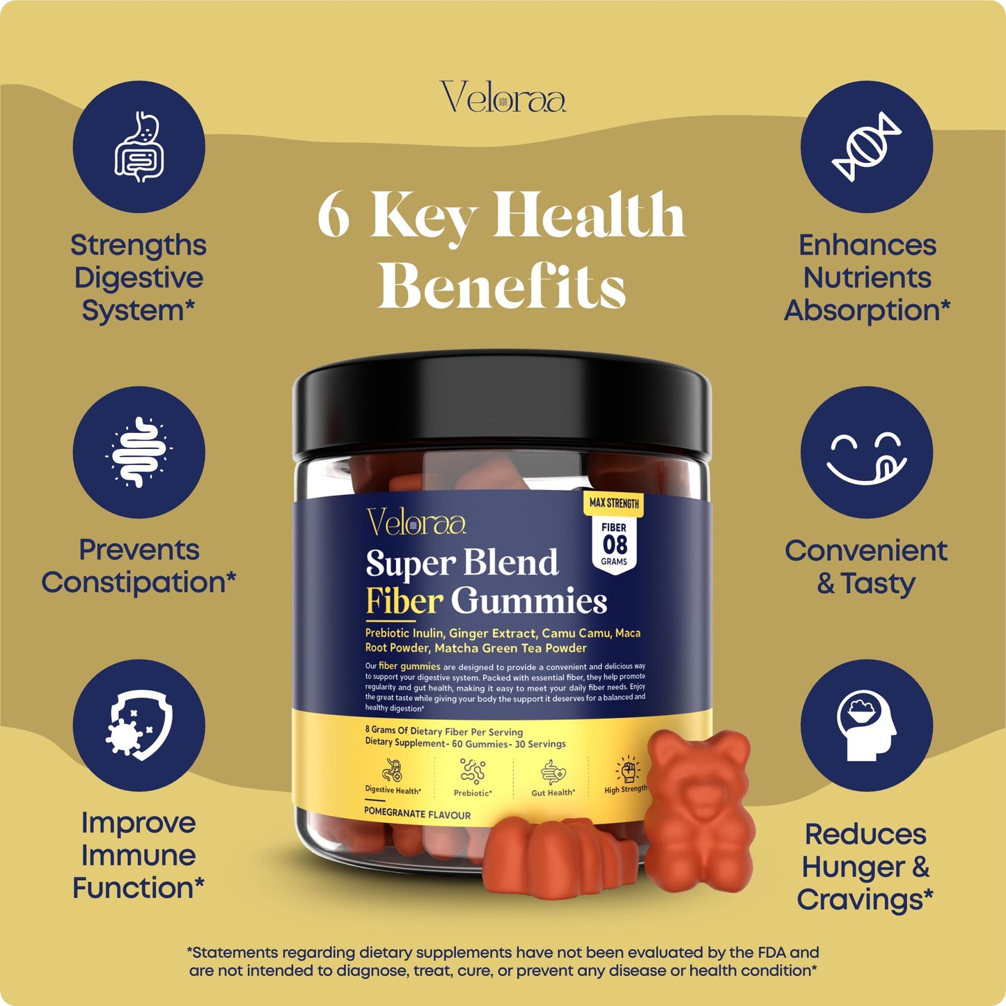 Veloraa Super Blend Fiber Gummies for Adults - 8g Prebiotic Fiber Gummies, Supports Digestive Health, Bloating Relief & Wellness, Infused with Ginger, Camu Camu & Matcha, Strawberry Flavor - 60 Count