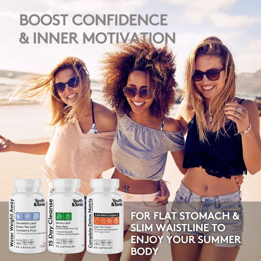 3pk Detox Cleanse Kick Off Weight Management | Colon Cleanser + Water Loss Pills w Dandelion + ACV Full Body Detox + Probiotics | For Flat Stomach, Waistline, Metabolism, Bloating - 90 Pills