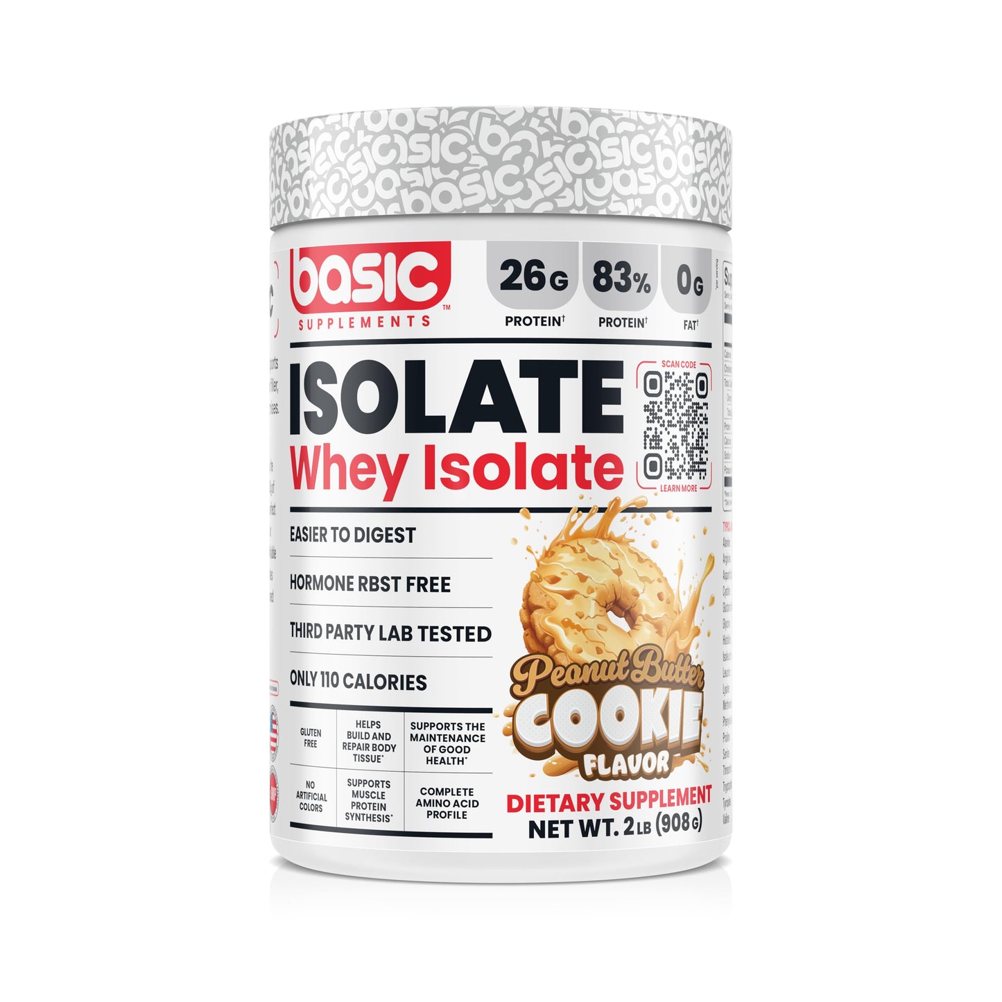 BASIC SUPPLEMENTS Basic Whey Protein Isolate, 26g Protein, 0g Fat, Gluten-Free, RBST-Free, Rapid Absorption, 110 Calories (2 Pound, Peanut Butter Cookie)