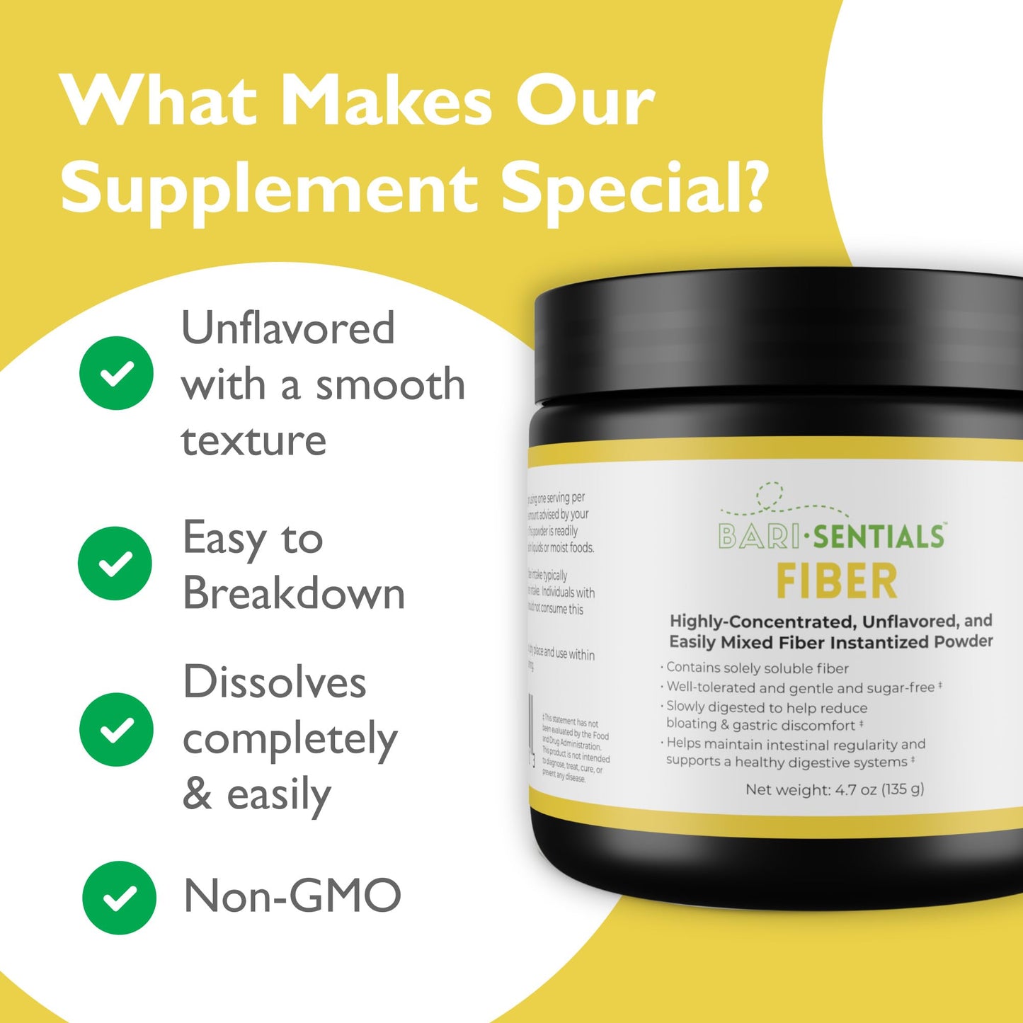 Barisentials Soluble Fiber Powder- Digestive Health Supplement and Gut Support- Easily Mixed- Gluten and Sugar Free- Bariatric Fibre- Unflavored- 135 Grams, 40 Servings