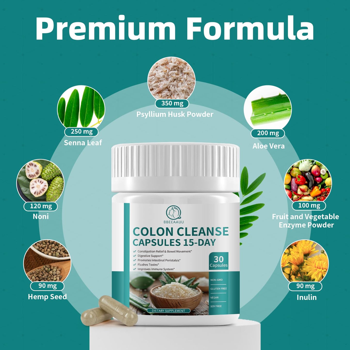 BBEEAAUU Colon Cleanse Detox Capsules, 15 Day Gut Health Supplemetns, Gut Health for Women Men, Support Digestive & Intestinal, with Psyllium Husk Powder & Senna Leaf, Non GMO, Gluten Free