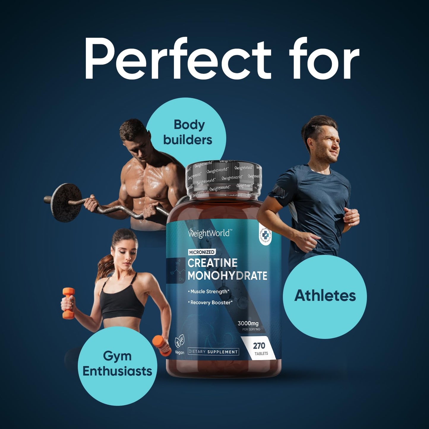 WeightWorld Creatine Monohydrate 3000mg - 270 Vegan Tablets (3 Months Supply) - 90 Servings - for Muscle Strength & Recovery - Micronized Creatine Monohydrate for Women & Men - Gluten-Free