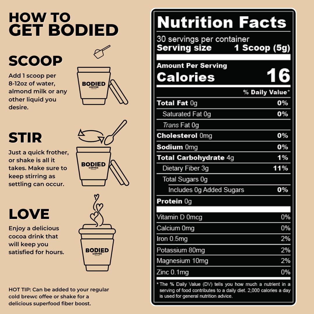 BODIED Fiber Cocoa PREBIOTIC - Chocolate Flavored - Boost GLP-1, Psyllium Husk, SolNul, Gut Health, Digestion & Immunity, Zero Added Sugar, Keto, Paleo Fasting Friendly 30 Servings.