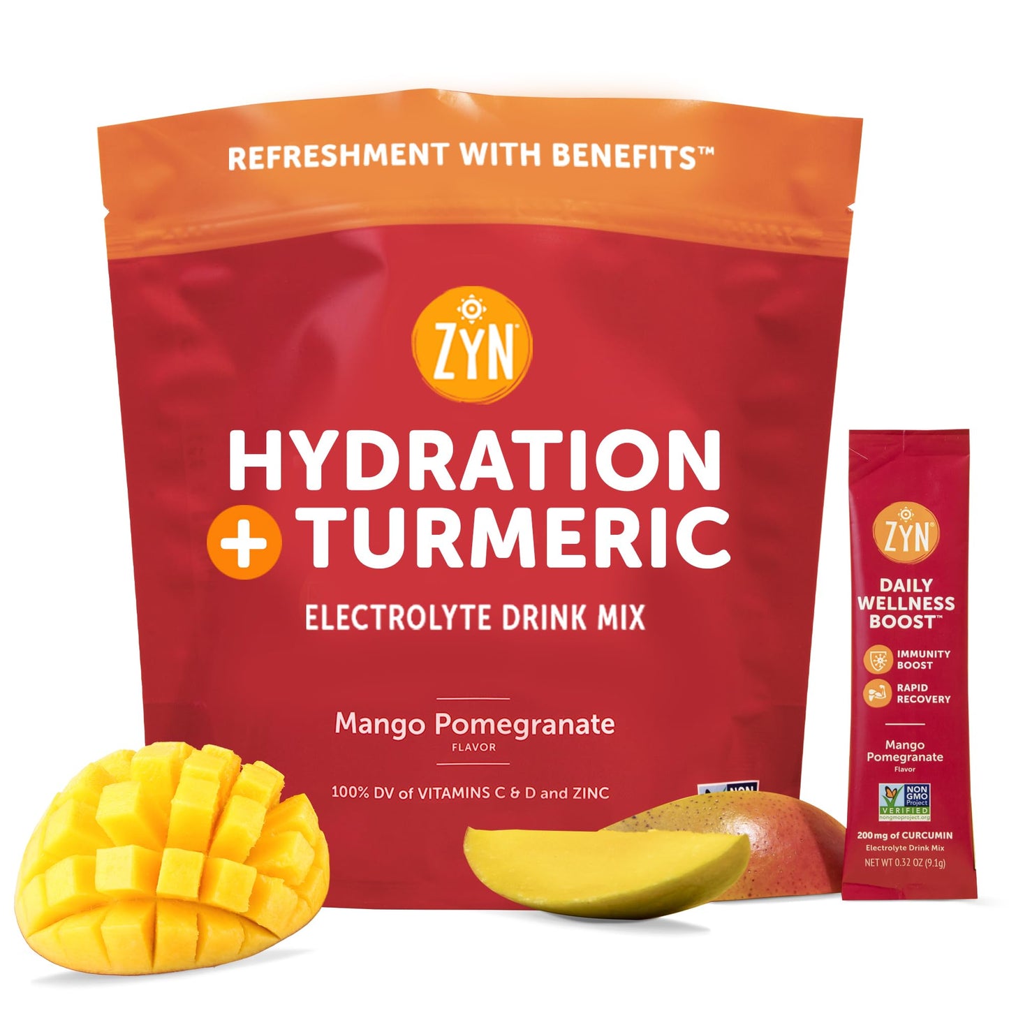 ZYN Electrolytes Powder Hydration Packets with Vitamins, Zinc & Turmeric - Low Sugar Electrolyte Drink Mix Packets with Piperine, Mango Pomegranate, 16 Pack
