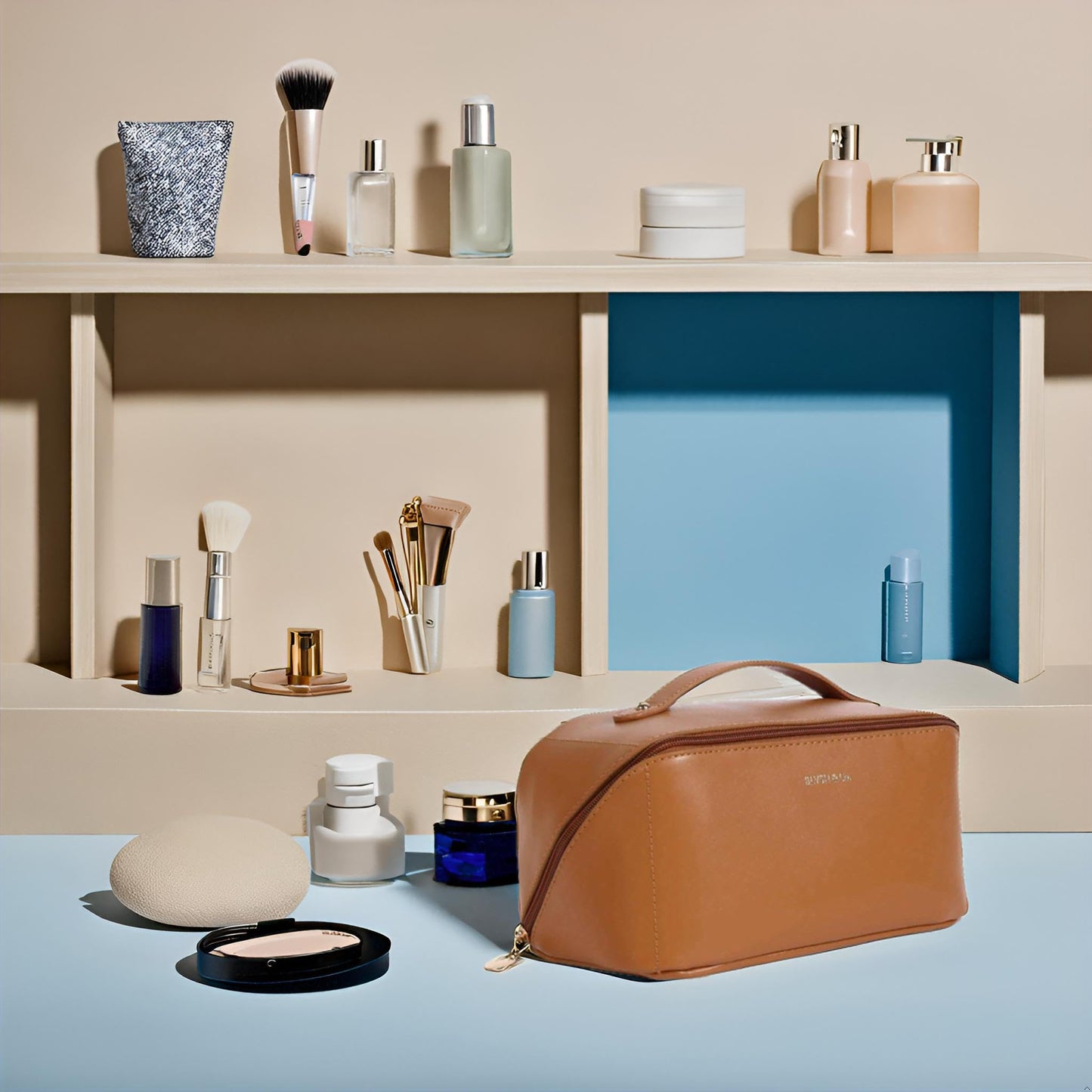 BLVSH & Co. Travel Makeup Case - Large Capacity Waterproof Cosmetic Organizer with Dividers & Handle, Portable Toiletry Bag, Opens Flat for Easy Access,Great Gift for Coachella