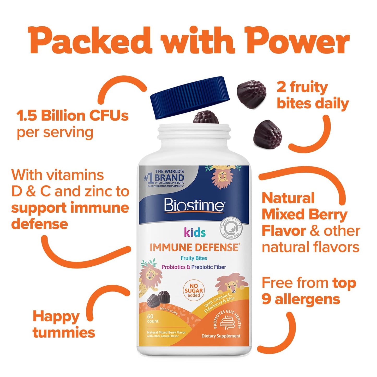 Biostime Kids immune support gummies|(Ages 4+) | Includes Vitamins D&C + Zinc & Probiotics | No Added Sugar |Kids Immune Defense Fruity Bites | Free from top 9 allergens | 60 Count