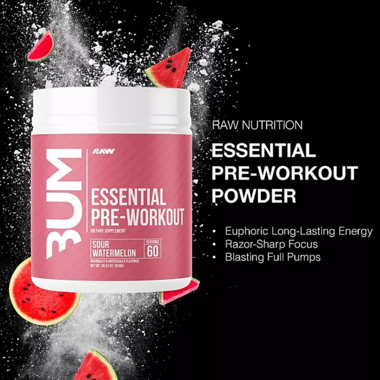 RAW Essential Pre-Workout Powder - CBUM Formula | Energy Drink for Men & Women, Muscle Pump, Focus, Stamina, Strength, Endurance & Performance Booster | Sour Watermelon Flavor, 1.79 lbs
