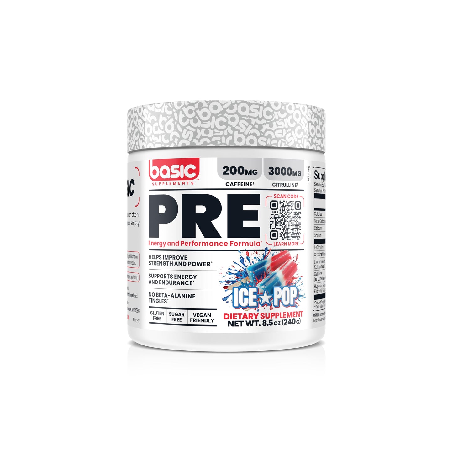 BASIC SUPPLEMENTS Pre-Workout with 200mg Caffeine and 3000mg Citrulline for Energy, Focus, and Strength Support, No Beta-Alanine Tingles, Vegan, Gluten-Free, Sugar-Free (30 Servings, Ice Pop)