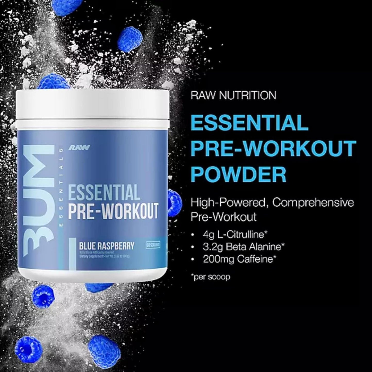 RAW Essential Pre-Workout Powder - CBUM Formula | Energy Drink for Men & Women, Muscle Pump, Focus, Stamina, Strength, Endurance & Performance Booster | Blue Raspberry Flavor, 1.85 lbs