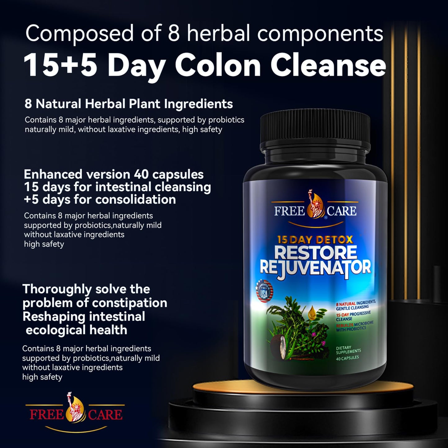FreeCare Colon Cleanse 15+5Day Upgrade,Advanced Gut Cleanse Detox for Women & Men Fast Natural Laxative for Constipation Relief with Cascara Sagrada, Psyllium Husk, Senna Leaf & Probiotics, Non-GMO