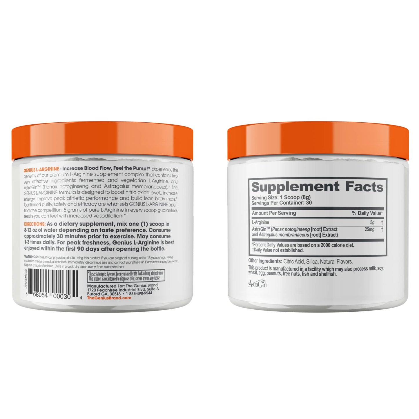 Genius L-Arginine Nitric Oxide Powder - Fermented L- Arginine Nutritional Supplements & Nitric Oxide Booster - Pre Workout, Natural Muscle Builder - 30 Servings, Lemon