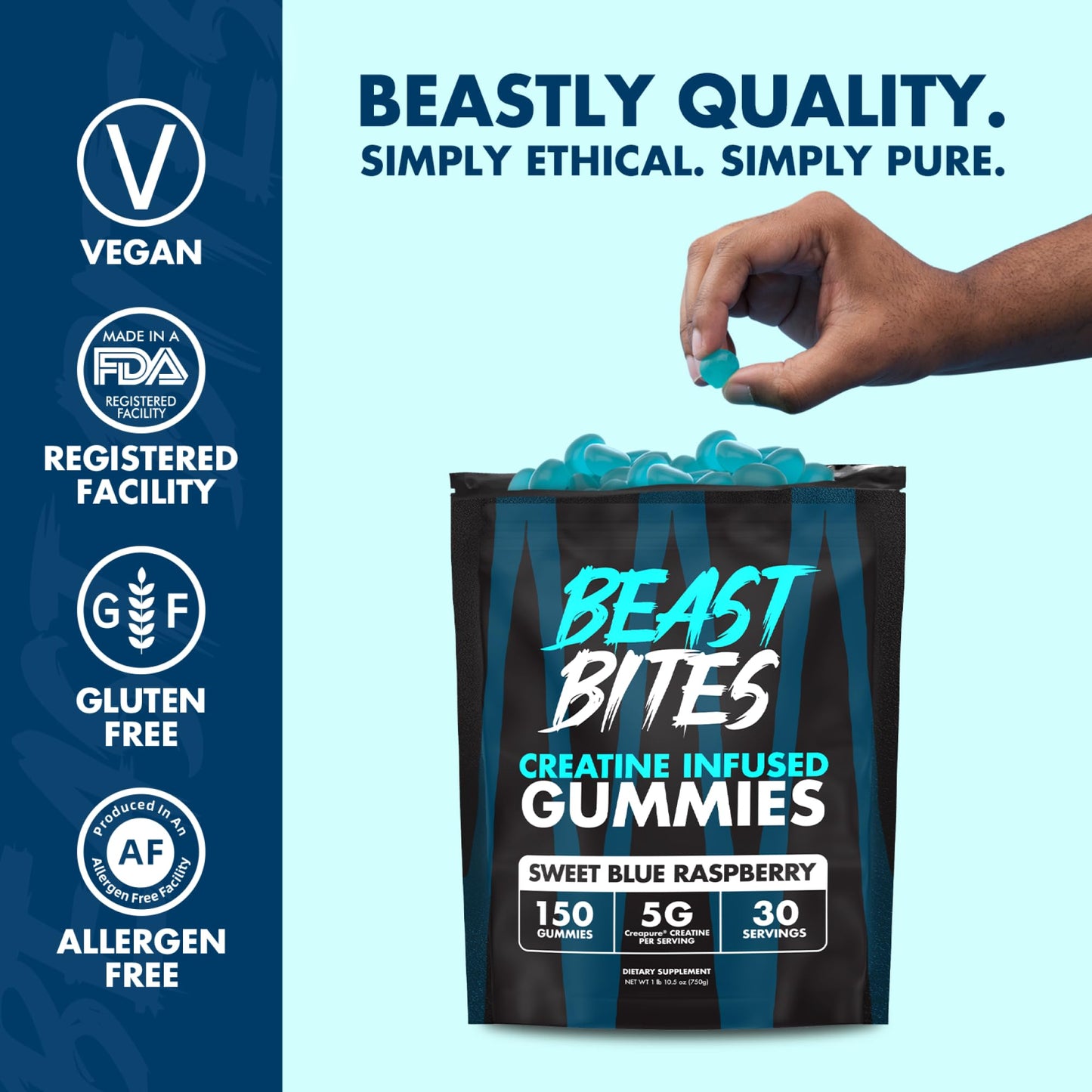 BEAST BITES - Creatine Gummies - 5g Creatine Monohydrate Per Serving - Low-Calorie & Vegan - Made in The USA - Blue Raspberry Flavor - 30 Servings