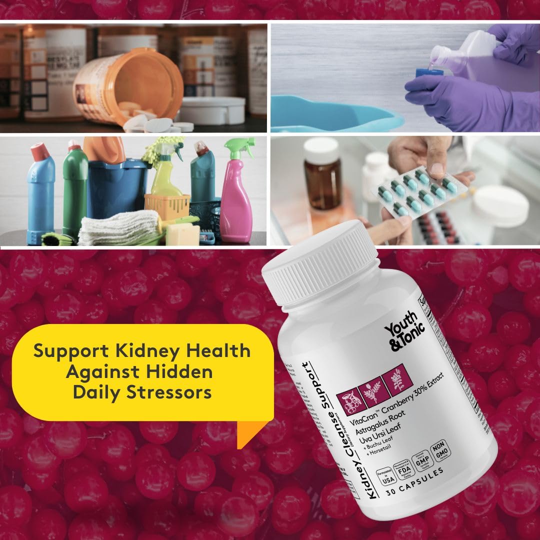 Youth & Tonic Kidney Cleanse & Detox Supplement with Cranberry Extract - Supports Urinary Tract Health, Bladder and Kidney Health - Vegan, Non-GMO - 30 Vegetarian Pills