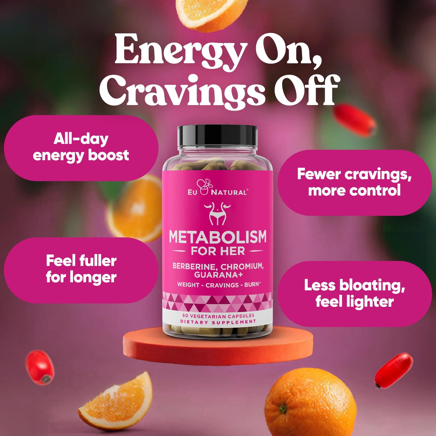 Metabolism for Her - Appetite & Metabolism Support for Women - Curb Cravings, Reduce Caloric Intake & Promote Feelings of Fullness - Berberine, Chromium Picolinate & Guarana - 60 Veg Capsules