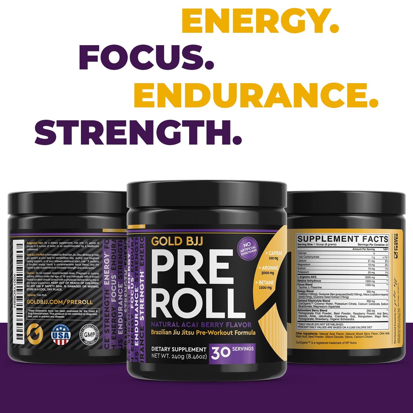 Gold BJJ PreRoll - Jiu Jitsu Pre Workout Supplement for Energy, Focus, and Endurance - Martial Arts Specific Pre-Workout Powder Formula with Natural Flavors (Acai Berry, 30 Servings)