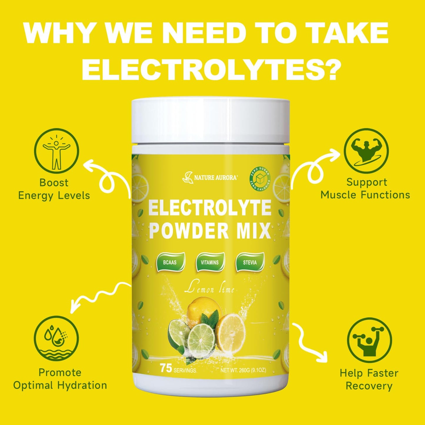 Sugar Free Electrolytes Powder (Lemon Lime) -Enhanced with BCAAs, Vitamins-Fruit Liquid Daily IV Electrolyte Drink Mix for Rapid Hydration & Recovery- No Sugar & Keto, Non-GMO, 75 Servings