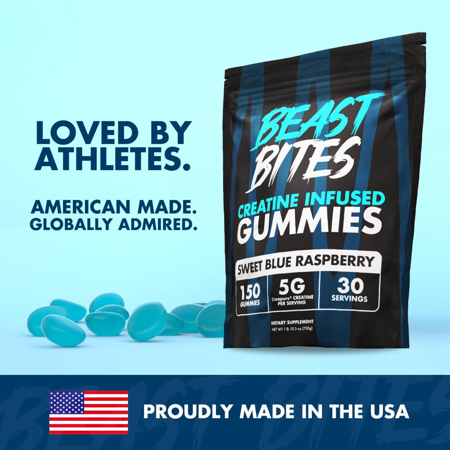 BEAST BITES - Creatine Gummies - 5g Creatine Monohydrate Per Serving - Low-Calorie & Vegan - Made in The USA - Blue Raspberry Flavor - 30 Servings