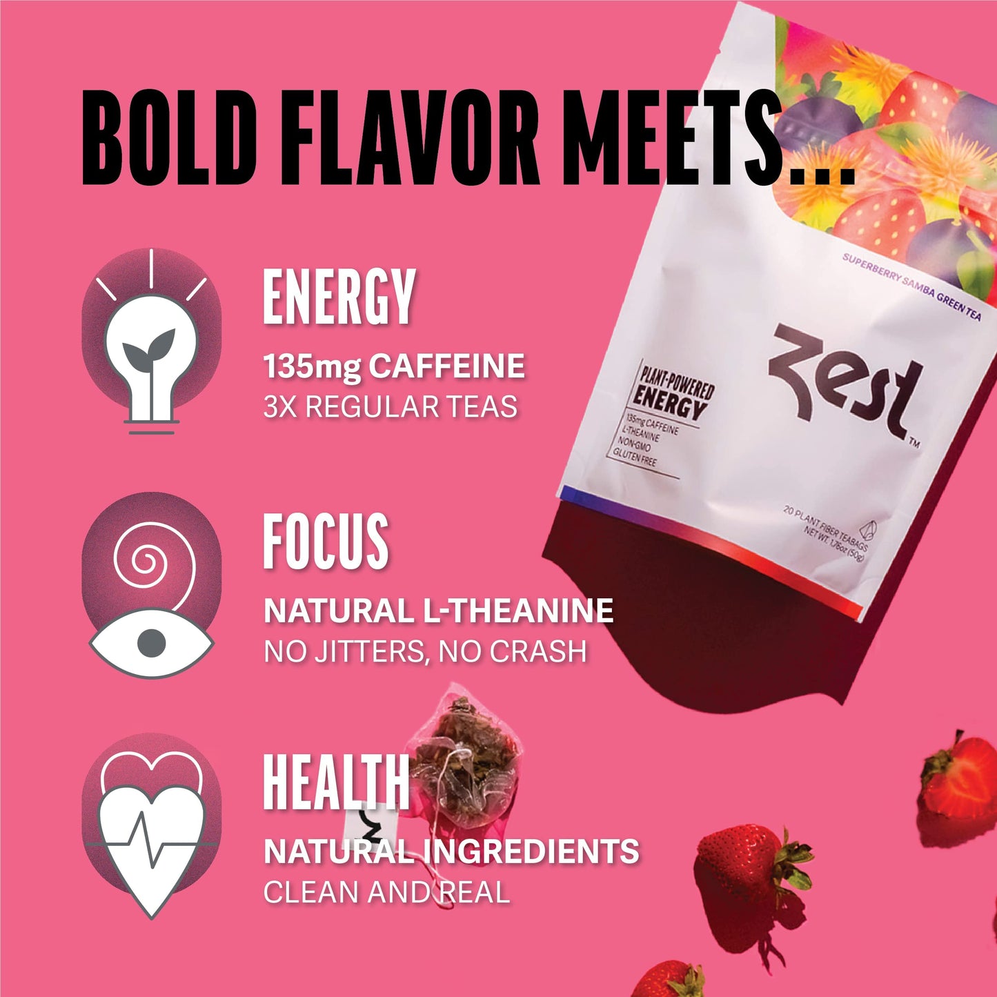 Zest 135mg High Caffeine Energy Leaf Blend Superberry Samba Green Tea 20 Pack Bag Hot or Iced All Natural Strong Flavored Healthy Coffee Highly Caffeinated Substitute Perfect for Keto Diet