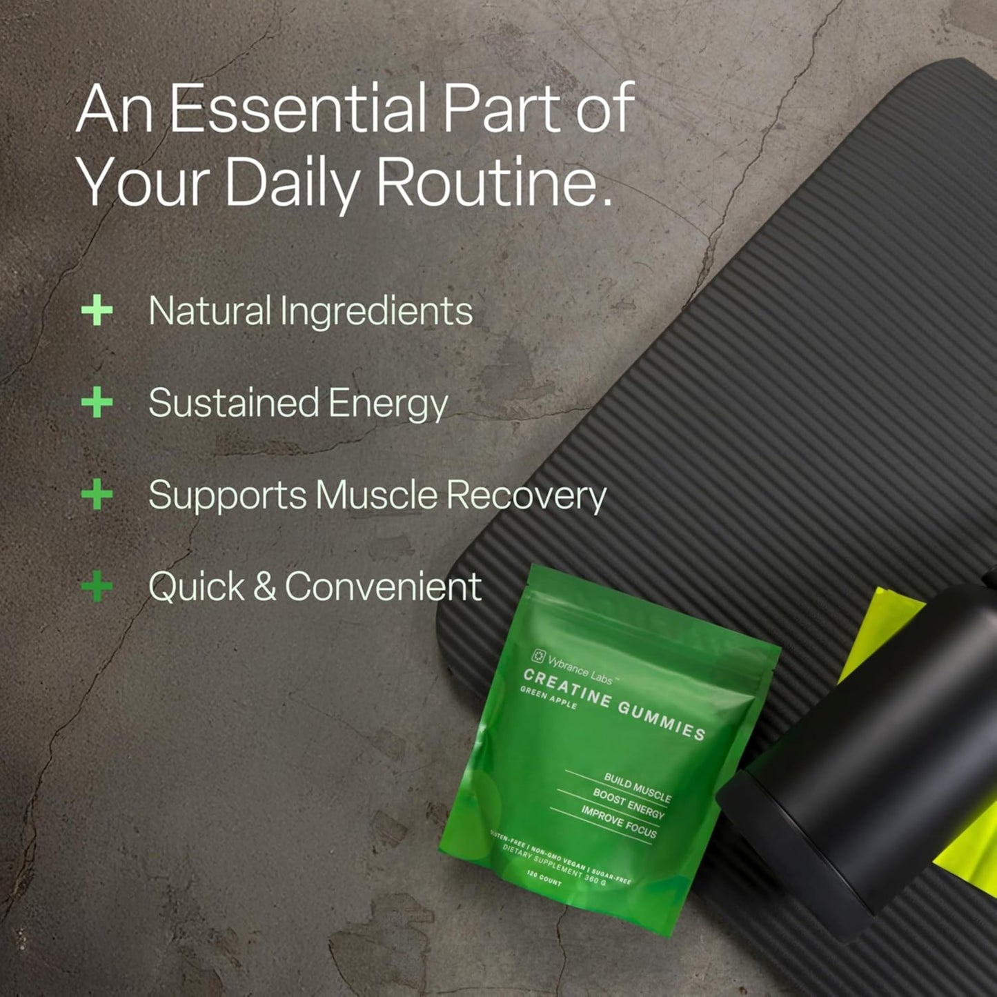 VYBRANCE LABS Creatine Monohydrate Gummies for Women & Men - 5g Creatine with Taurine & B12 for Energy, Muscle & Focus | Vegan, Sugar Free, Gluten-Free | Creatine Monohydrate | 120 ct Green Apple