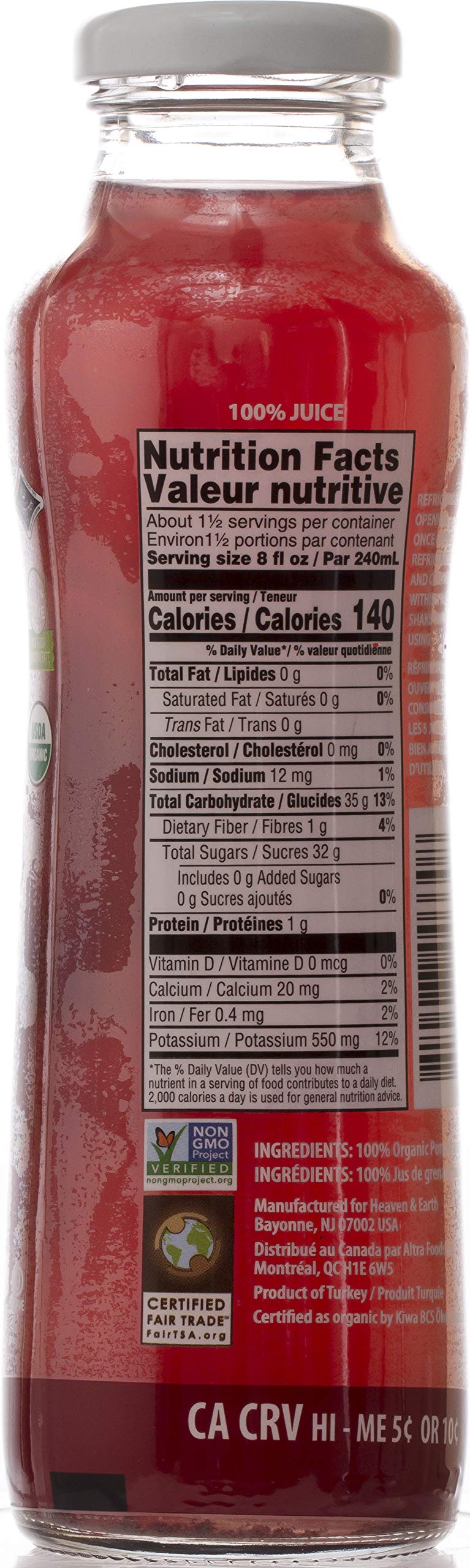 Heaven Earth 100 Pure Organic Pomegranate Juice 1115oz 6 Pack NO Concentrate Cold Pressed Non GMO Verified No Sugar Added No Preservatives