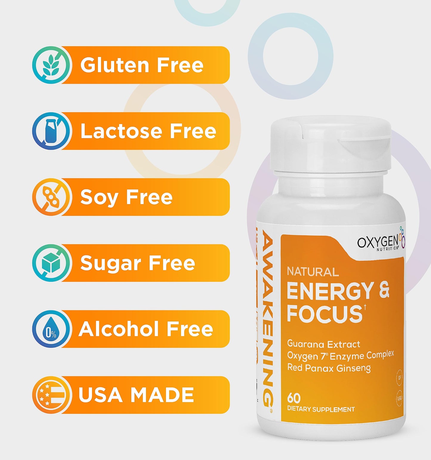 Awakening Natural Energy & Focus Nootropic Supplement with Panax Ginseng, Guarana Extract & Chromium Picolinate | Brain Supplement for Focus, Energy, Mood & Clarity | Gluten Free Veggie, USA - 60 Caps