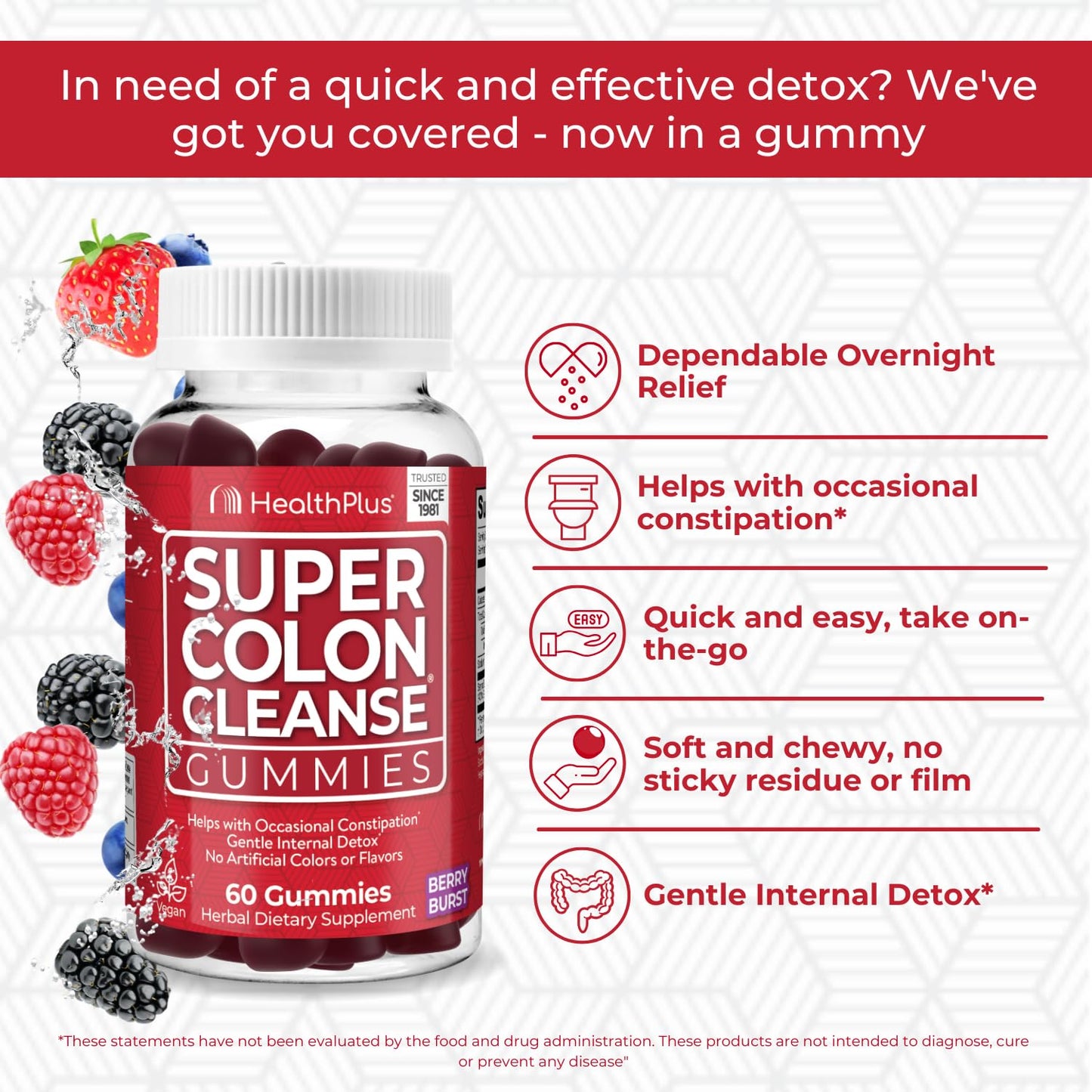 Health Plus Super Colon Cleanse Gummies 15 Day Supply of Gentle Overnight Relief from Occasional Constipation, Natural Senna Leaf Extract, Dietary Supplement, Mixed Berry Flavor, 60 Count