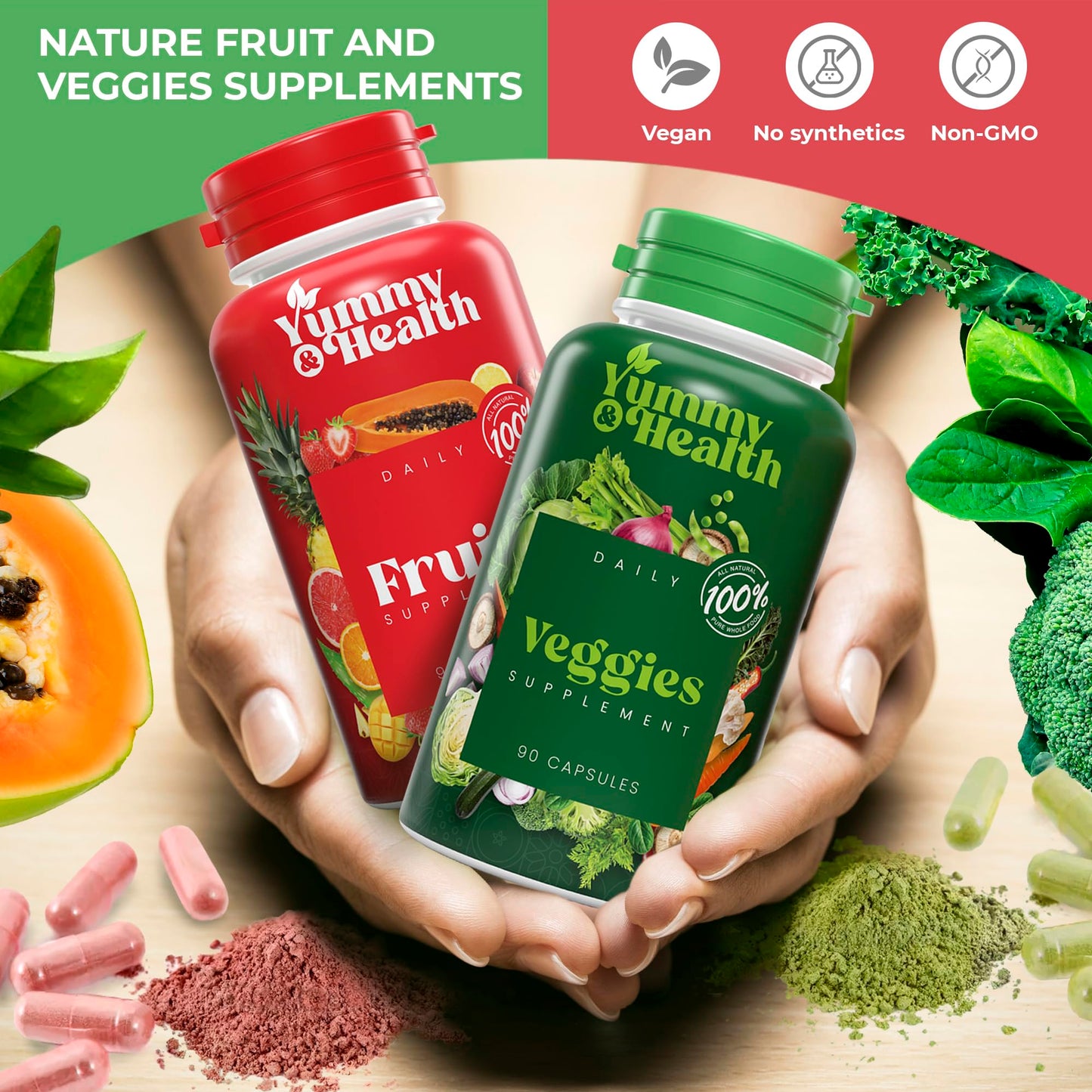 Yummy & Health Fruits and Veggies Supplement - Made with Superfoods - 90 Fruit and 90 Veggie Capsules - Health Supplement for Promoting Energy Equilibrium, Vitamins & Essentials Minerals