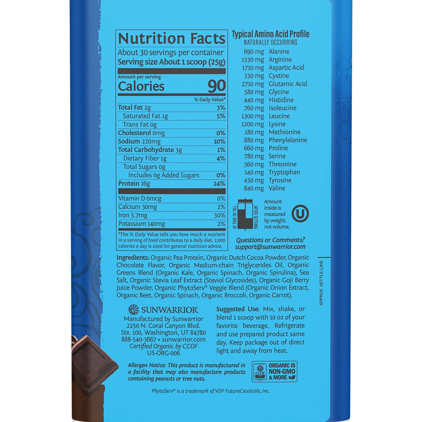 Sunwarrior Warrior Blend Protein Greens Powder Drink Mix BCAA Plant Based Organic Hemp Seed Vegan Gluten Free Non-GMO Low Carb Protein Powder Chocolate Flavored 30 Servings