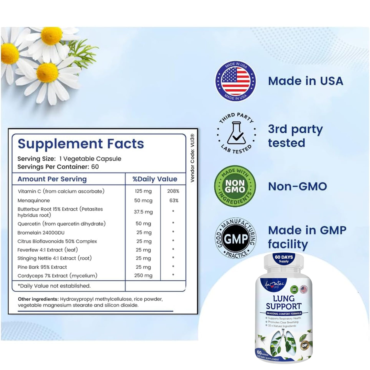 AAMATEC LIFE Lung Support Dietary Supplements Herbal Breathing Support 10 Active Ingredients Original Formula for Lung Health Lung Cleanse Formula Supplement for Bronchial System 60 Capsules Non GMO