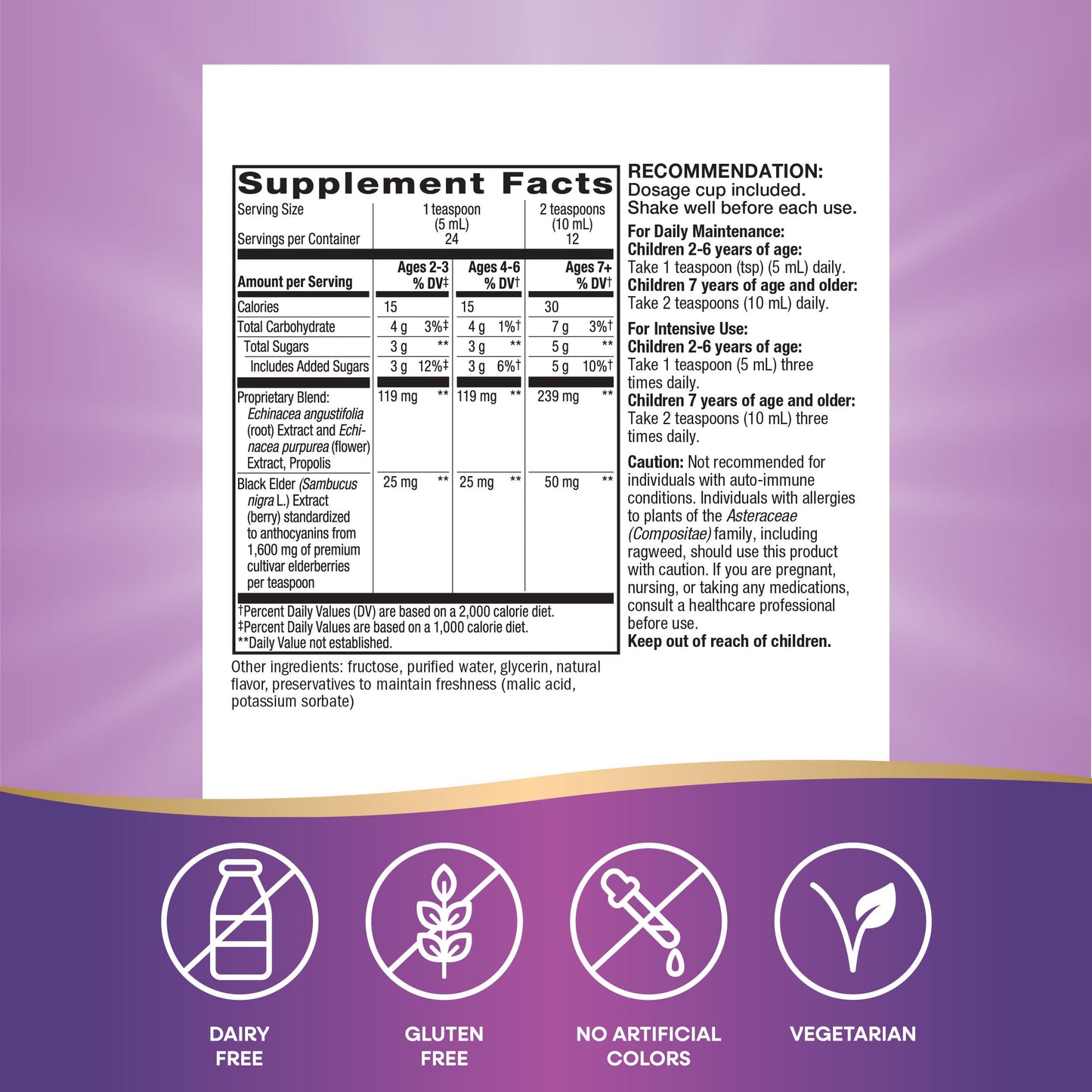 Nature's Way Sambucus Elderberry Immune Syrup for Kids Ages 2+, with Echinacea & Propolis, Daily Immune Support*, Vegetarian, Berry Flavored, 4 Fl Oz (Packaging May Vary)