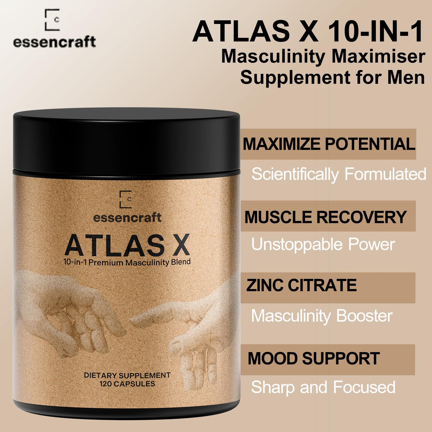 ATLAS X 10-in-1 Masculinity Maximiser Supplement for Men - Energy, Strength & Vitality Capsules with Shilajit, Ashwagandha, Zinc, Safed Musli, Tongkat Ali, Black Maca, Fadogia Agrestis, 2 Month Supply