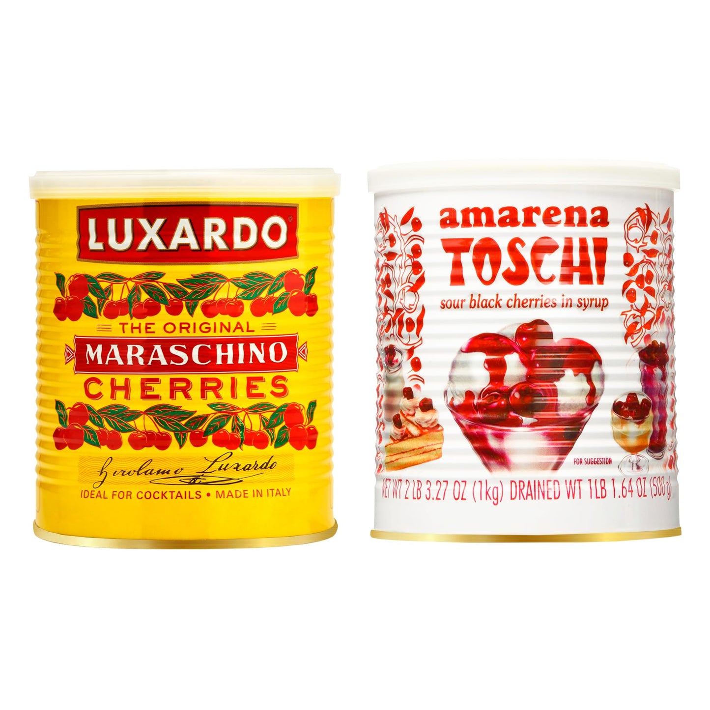 Luxardo Maraschino Cherries and Toschi Amarena Cherries Combo Set Premium Cocktails and Desserts 22 lbs Cans Pack of 2