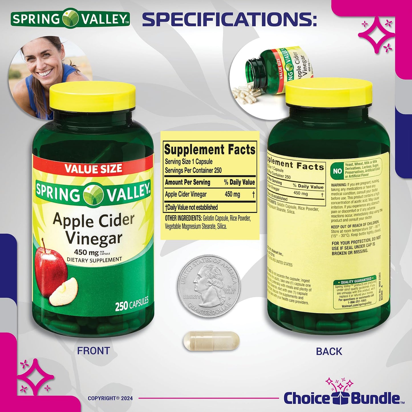 Choice Bundle Spring Valley Apple Cider Vinegar Capsules 450 mg Dietary Supplement 250 Ct 3 pk (750 Total) + Vitamin Guide and Pill Container (5 Items)!