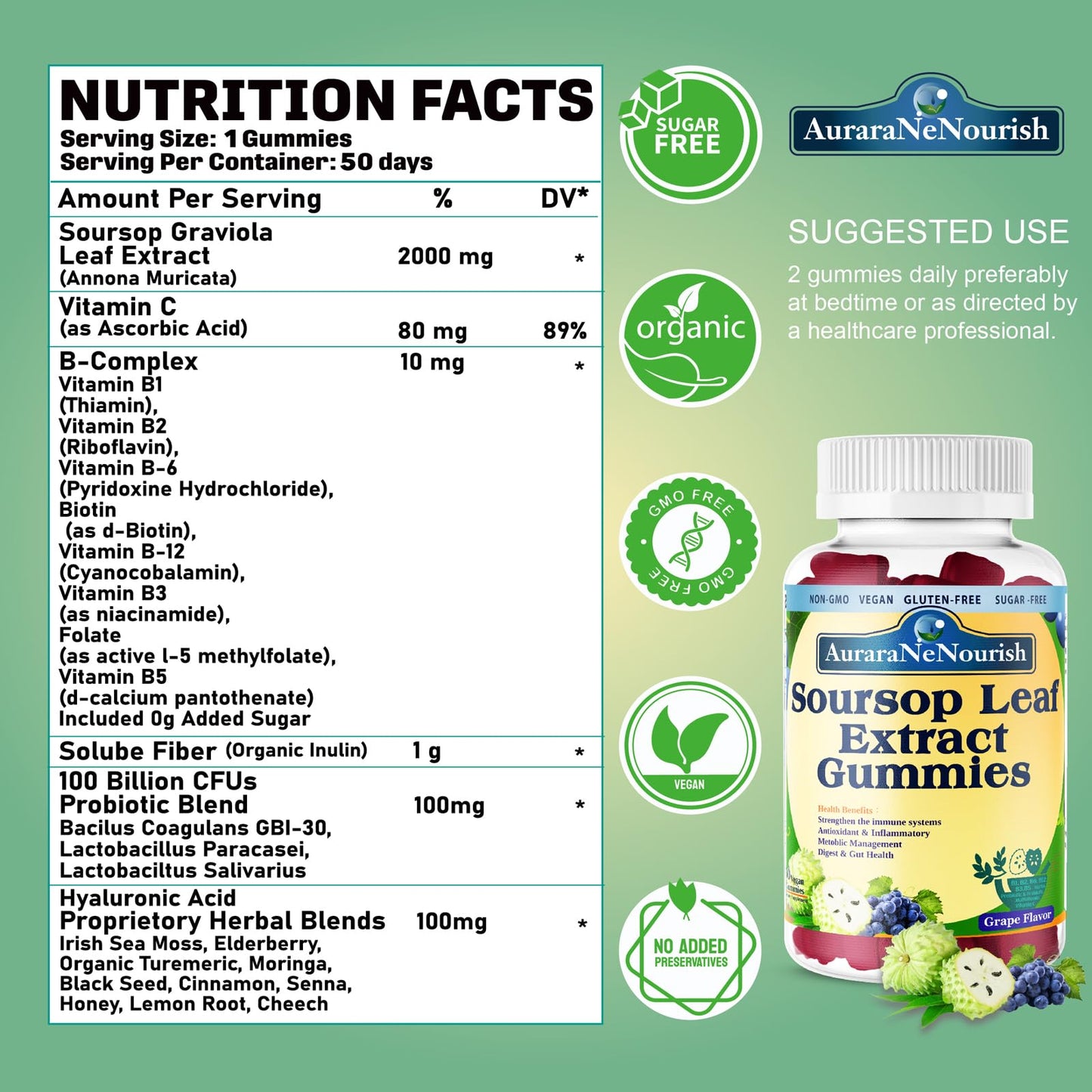 (2 Pack) Sugar Free Soursop Gummies with Probiotics & Fiber 100 Billion CFUs, Organic Soursop Leave Extract with Vitamin C B-Complex for Digestive Gut Health, Energy Balance, Immune Boost