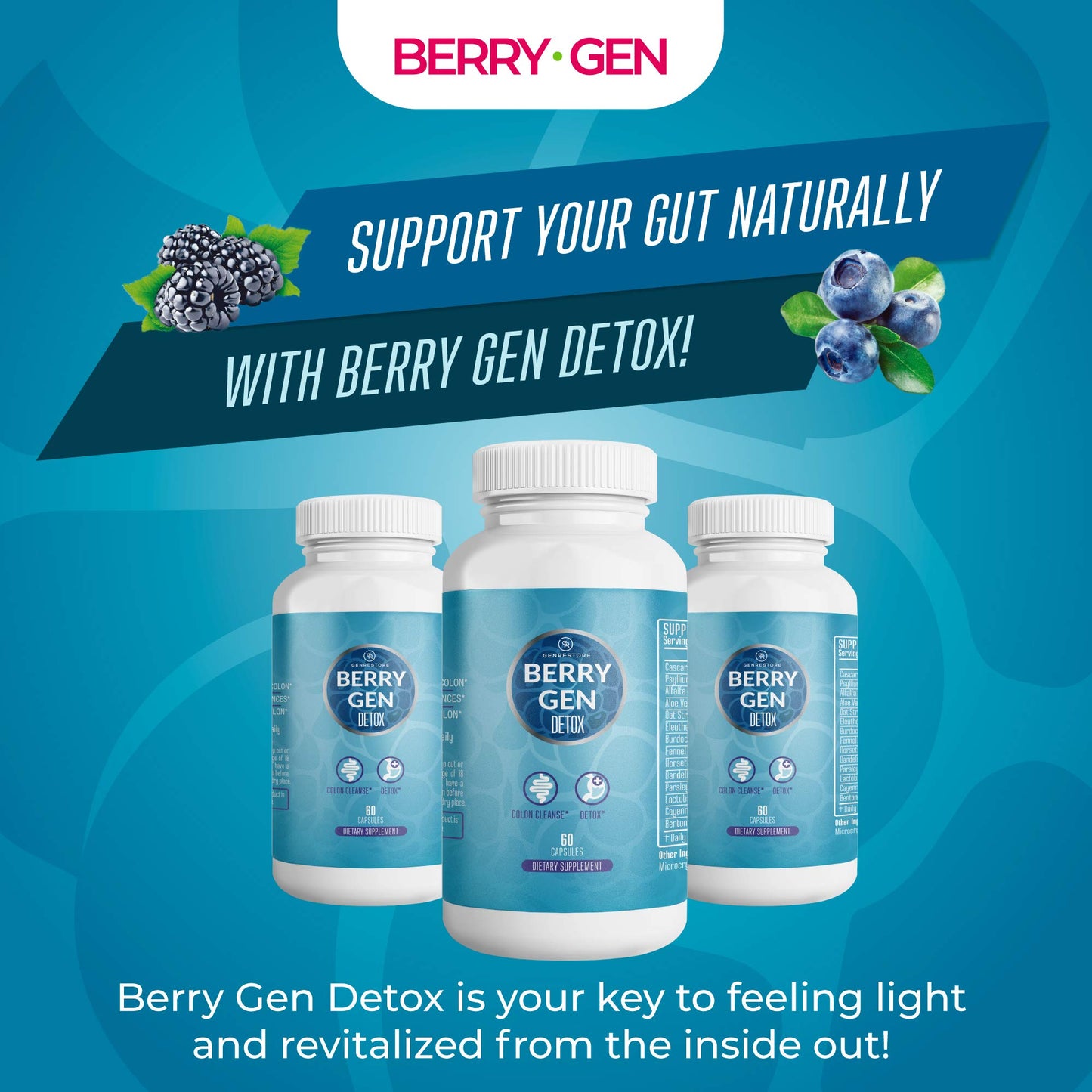 Berry Gen: Detox Herbal Supplement with Probiotics, Aloe Vera, Psyllium Husk, and Parsley - 60 Capsules - Natural Formula - Supports Digestive System - Made in The USA