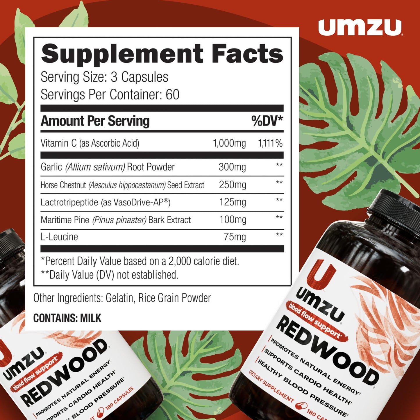 UMZU Redwood Blood Flow Nitric Oxide Supplement for Men & Women, Blood Pressure, Circulation, Stamina, Energy (30 Day Supply | 180 Capsules)