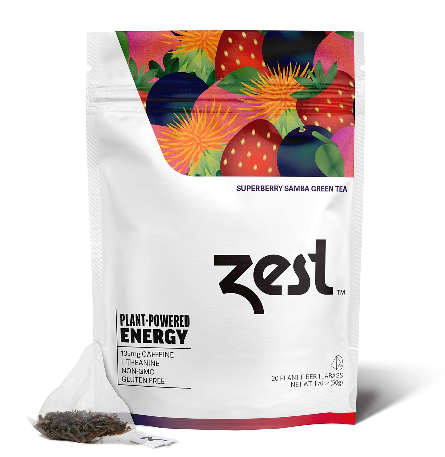 Zest 135mg High Caffeine Energy Leaf Blend Superberry Samba Green Tea 20 Pack Bag Hot or Iced All Natural Strong Flavored Healthy Coffee Highly Caffeinated Substitute Perfect for Keto Diet