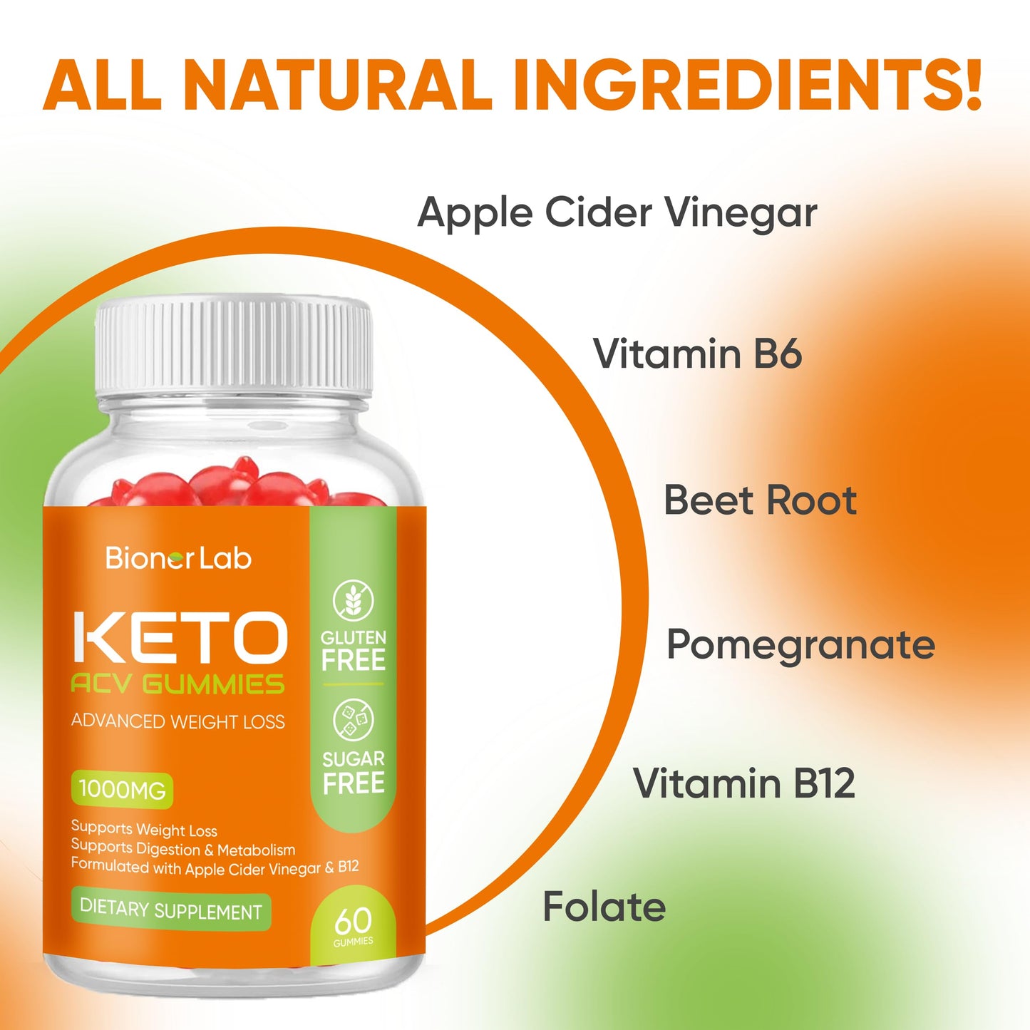 BionerLab Keto ACV Gummies - Sugar Gluten Free Pro Active Super Apple Cider Vinegar Supplement for Men Women - Digestion Metabolism Hair Skin Health (1000MG)