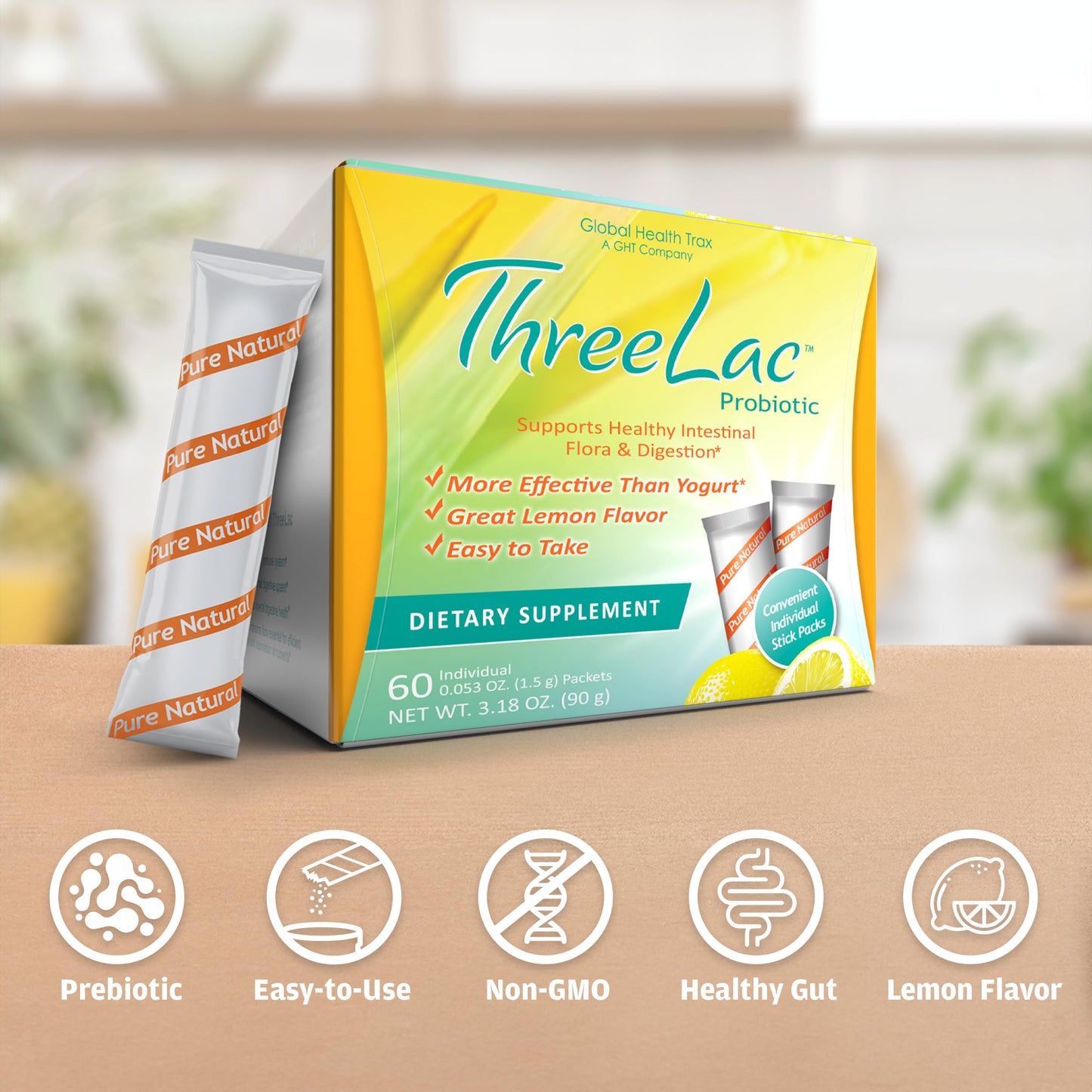Global Health Trax ThreeLac Lemon Probiotic Drink Mix for Digestive Health - Advanced Probiotic Powder Formula for Men, Women, and Kids - Immune Support & Gut Balance, Non-GMO - 120 Packets