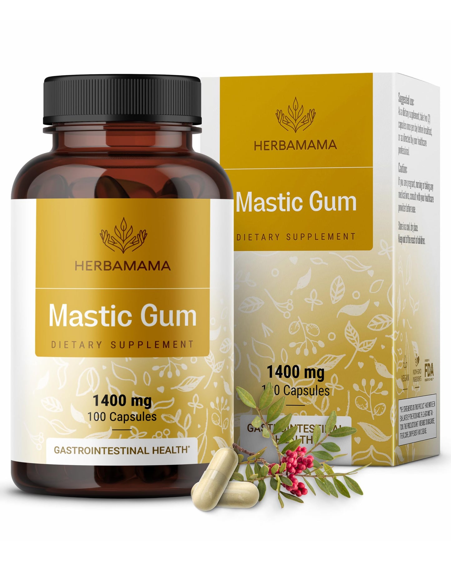 HERBAMAMA Mastic Gum Capsules - 1400mg Pure Mastic Gum Powder for Gut & Digestive Cleanse Detox - Vegan, Non-GMO Digestive Support Supplement, 100 Caps