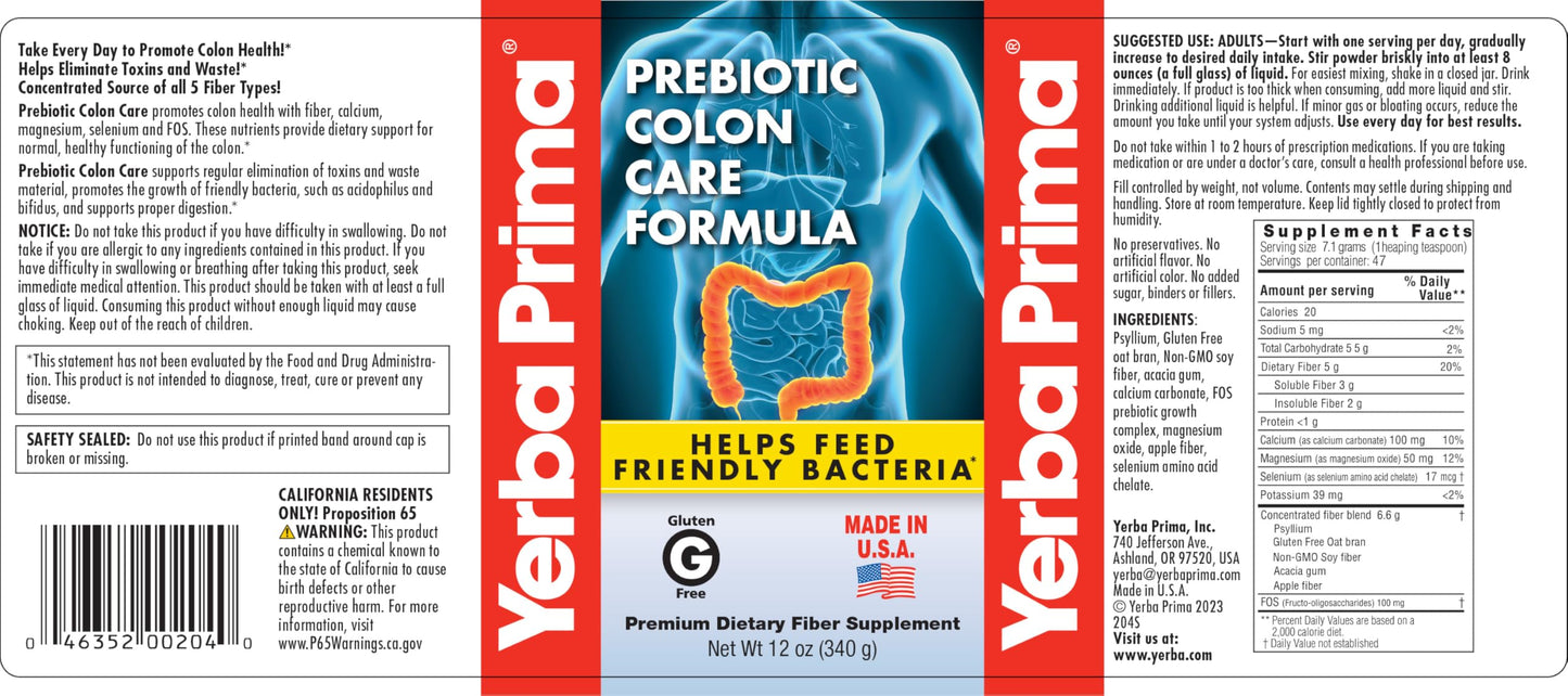Yerba Prima Prebiotic Colon Care Formula Powder 12 oz - Natural Psyllium Fiber, FOS, Magnesium, Selenium - Non-GMO, Gluten Free, Vegan Daily Supplement for Men & Women
