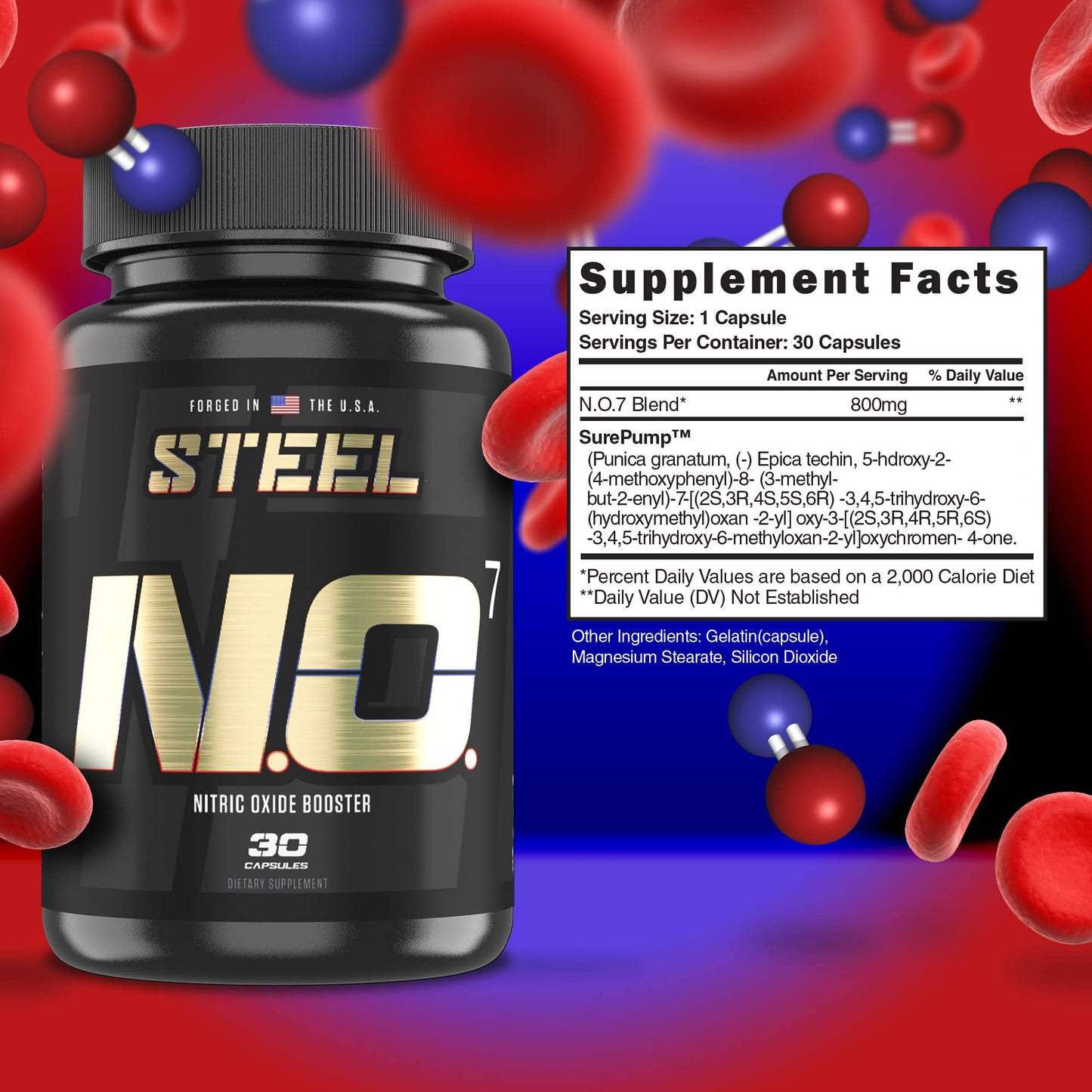 Steel Supplements N.O.7 | Nitric Oxide Formula | Blood Flow | Vascular Support | Pumps & Muscle Fullness | 30 Capsules
