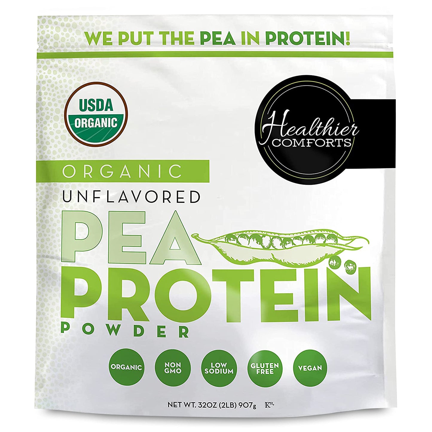 Healthier Comforts Pea Vegan Protein Powder w/Low Sodium | 100% Plant Based Protein Powder | Kosher, Gluten Free, Non-GMO, Keto Friendly, Organic Protein Powder | Unflavored Protein Powder 32oz