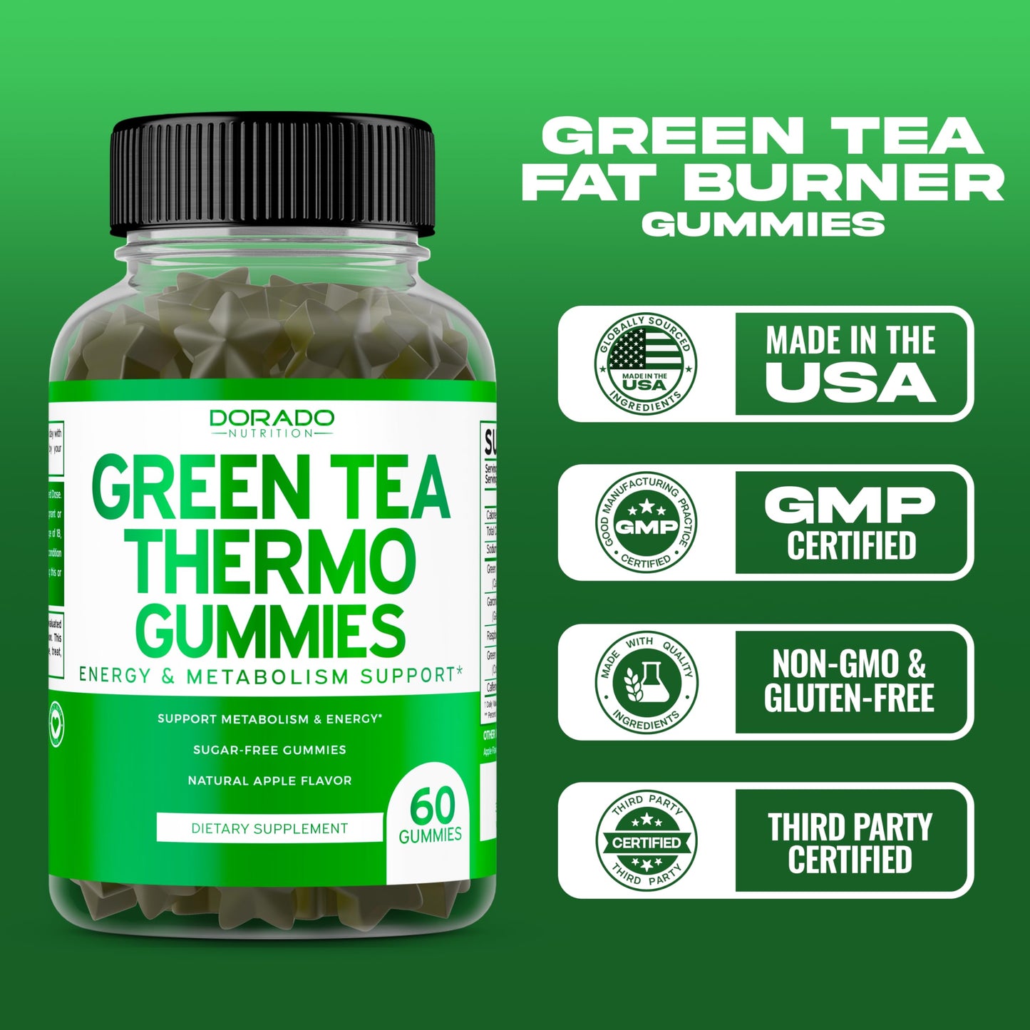 Green Tea Fat Burner Weight Loss Gummies (60 Count) Fat Burner Women - Appetite Suppressant Weight Loss Supplement for Men & Women with Apple Flavored - Third Party Tested - USA Made
