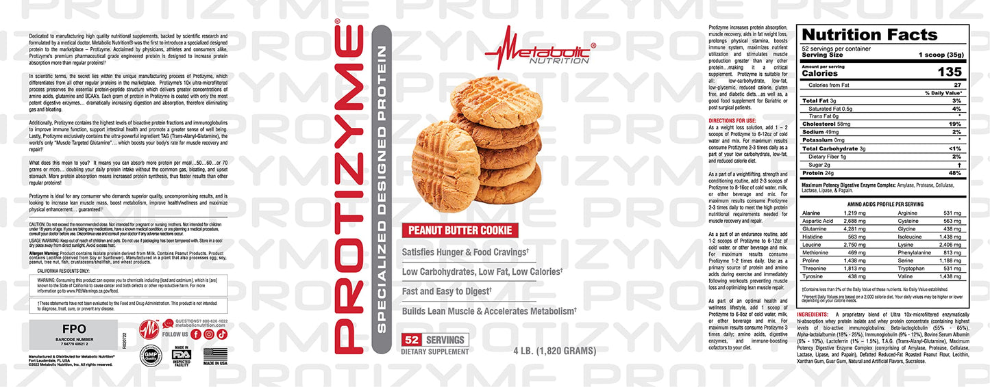 Metabolic Nutrition, Protizyme, 100% Whey Protein Powder, High Protein, Low Carb, Low Fat Whey Protein, Digestive Enzymes, 24 Essential Vitamins and Minerals, 4 Pound (52 ser)