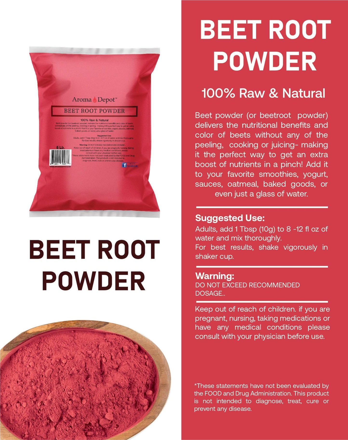 Beet Root Powder 4oz by Aroma Depot Raw & Non-GMO I Vegan & Gluten Free I Nitric Oxide Booster I Boost Stamina and Increases Energy I Immune System Booster I 100% Natural
